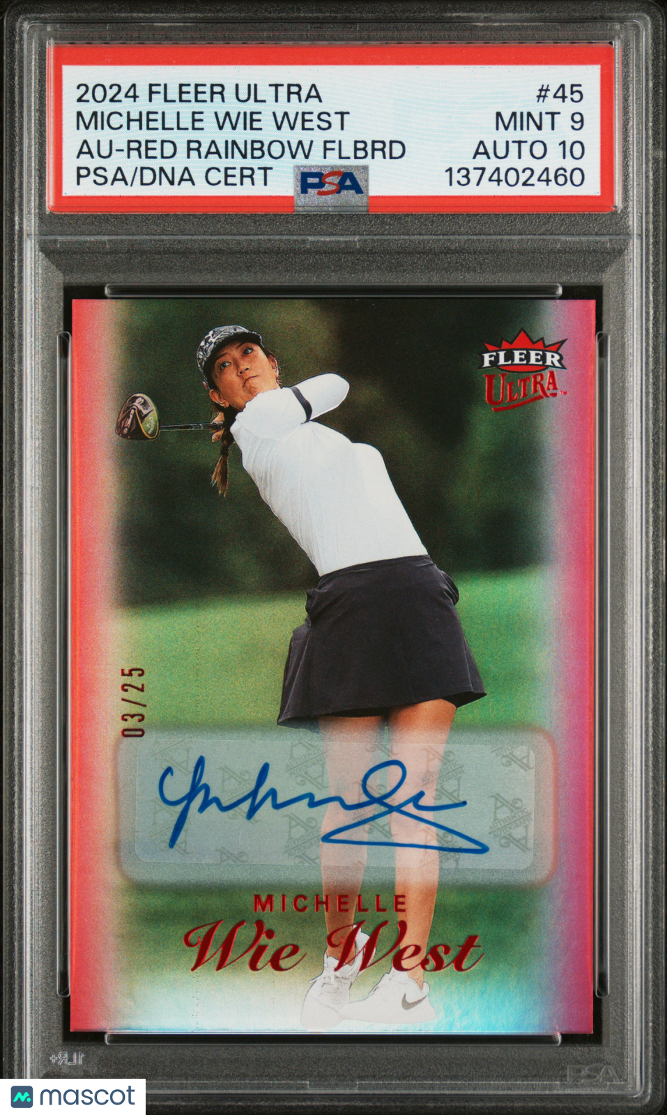 2023 Fleer Ultra Golf Michelle Wie West #45 Red Rainbow Auto 03/25 PSA 9 Auto 10