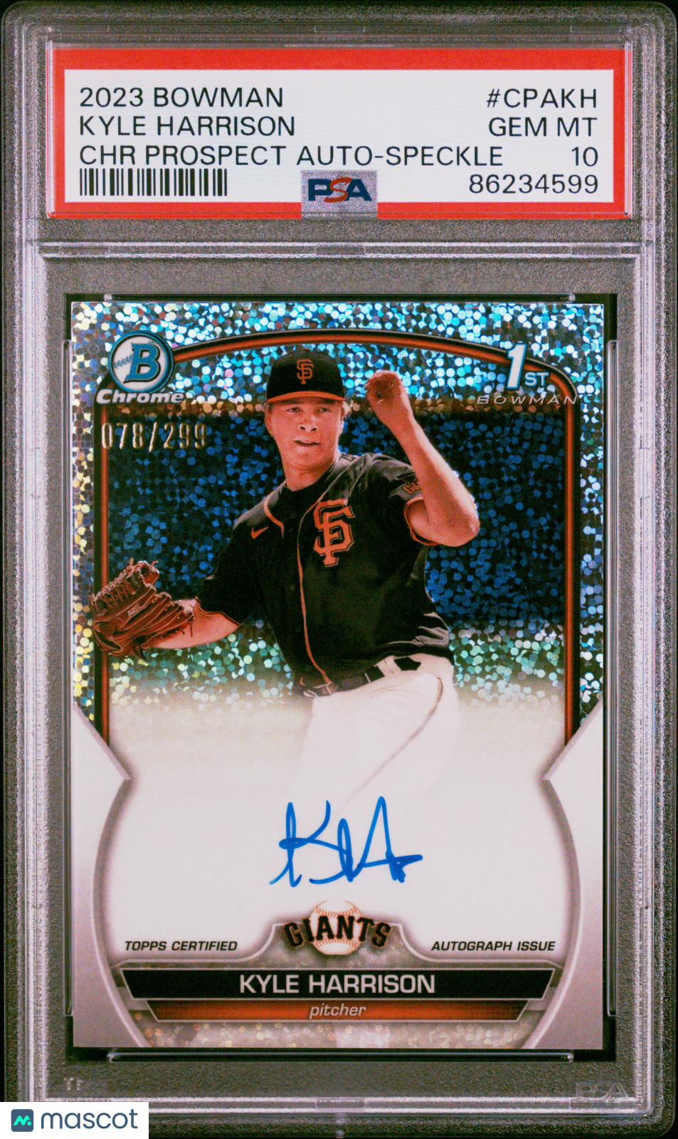2023 Bowman Chrome Prospect Auto Kyle Harrison #CPAKH Speckle Ref 078/299 PSA 10