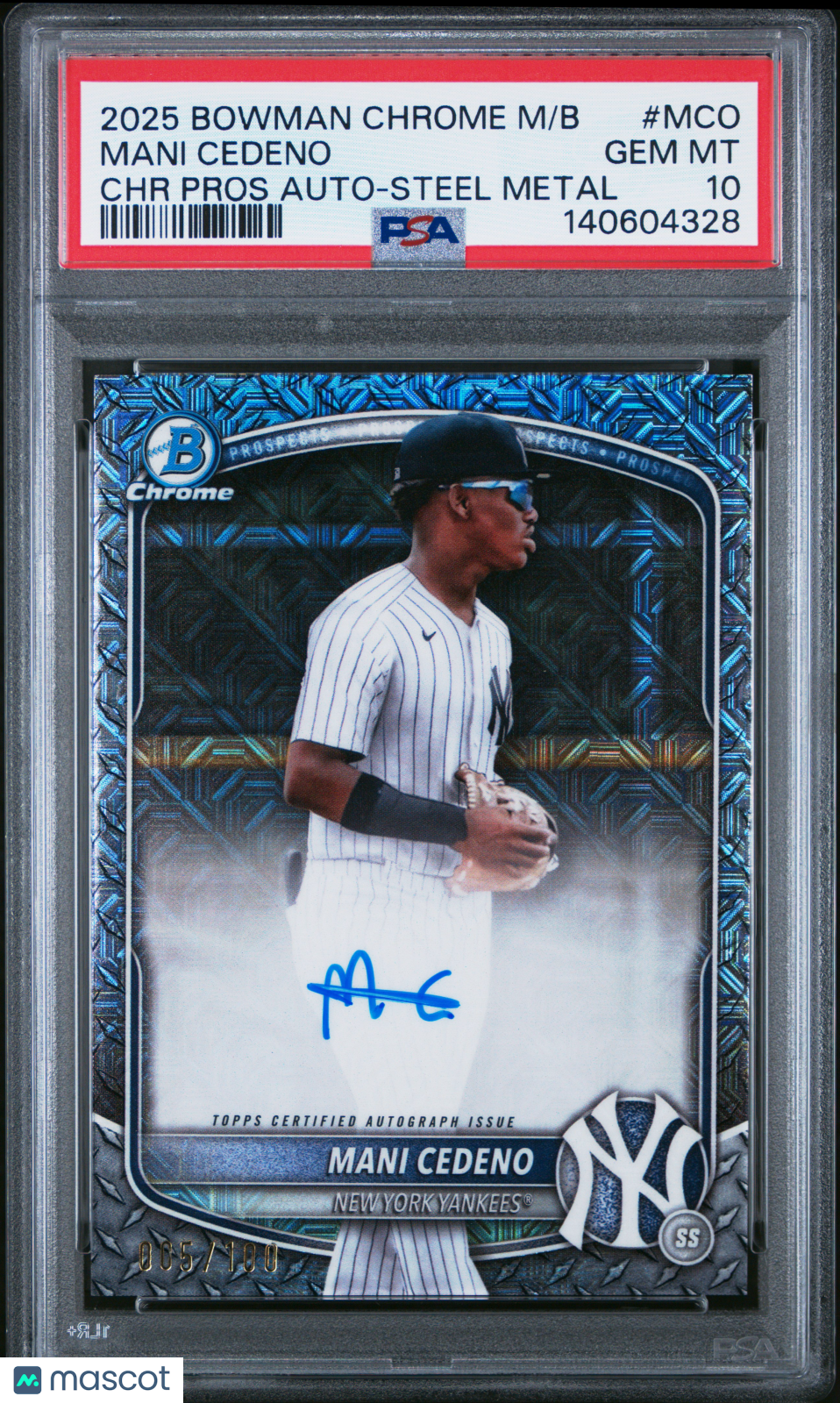 2025 Bowman Chrome Prospects Autographs Mani Cedeno Steel Metal 005/100 PSA 10