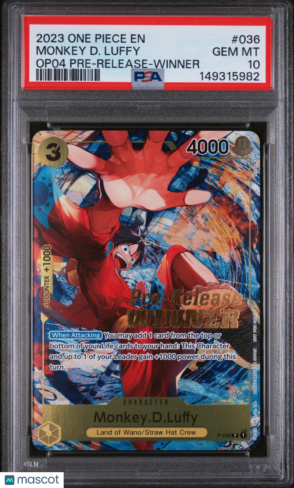 2023 One Piece Promos Monkey D. Luffy Op04 Pre-Release-Winner PSA 10 #036