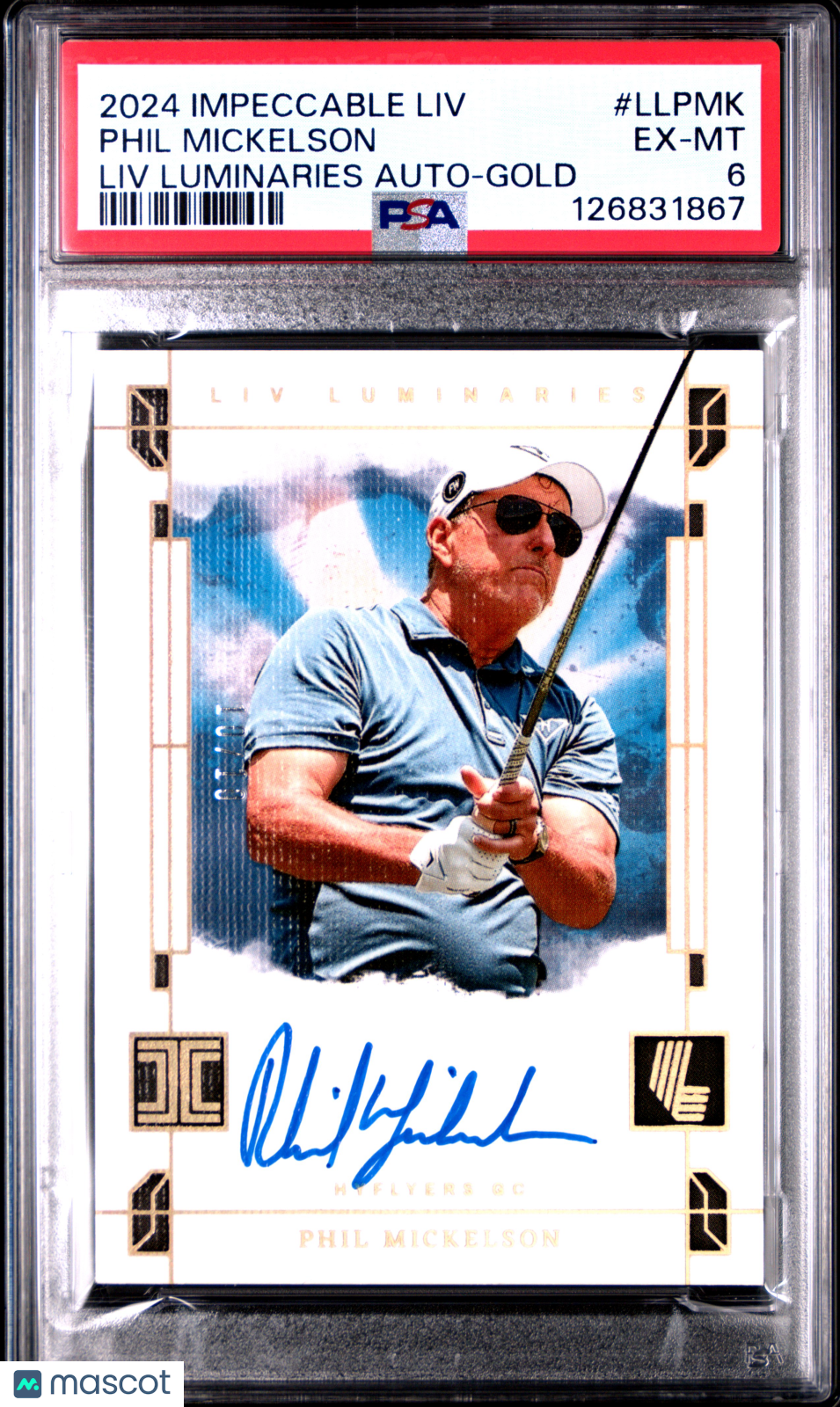 2024 Impeccable LIV Luminaries Autographs Phil Mickelson #LLPMK Gold 10/10 PSA 6
