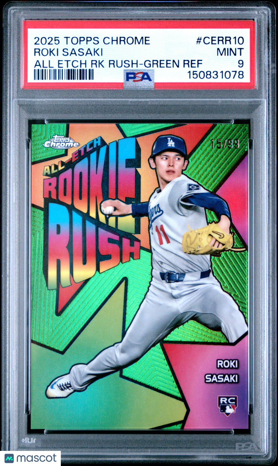 2025 Topps Chrome All Etch Rookie Rush Roki Sasaki #10 RK Green Ref 15/99 PSA 9