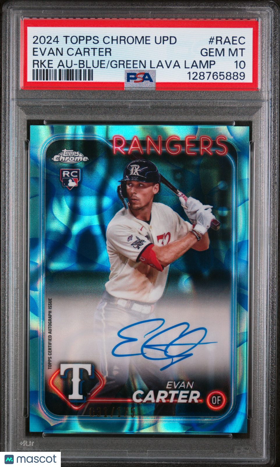 2024 Topps Chrome Rookie Autographs Evan Carter Blue Green Lava 031/175 PSA 10