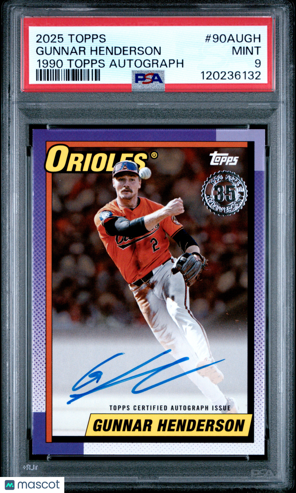 2025 Topps 1990 Topps Baseball Autographs Gunnar Henderson #90AUGH 06/50 PSA 9