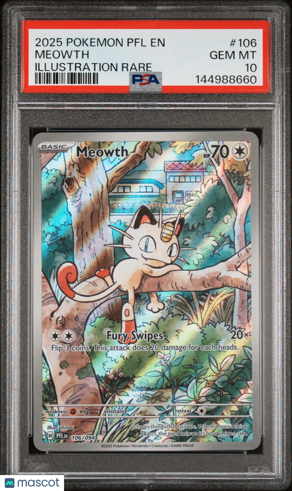 2025 Phantasmal Flames Meowth Illustration Rare PSA 10 #106/094